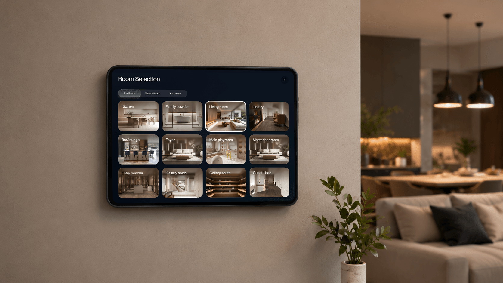 Custom Crestron room selection screen on a wall-mounted touch panel at Aspen Heights