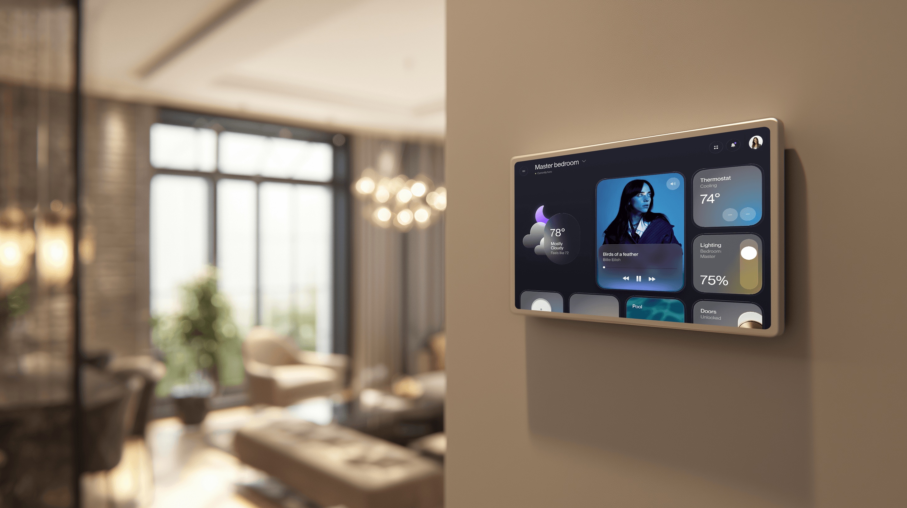 A wall-mounted home control interface in a contemporary living room