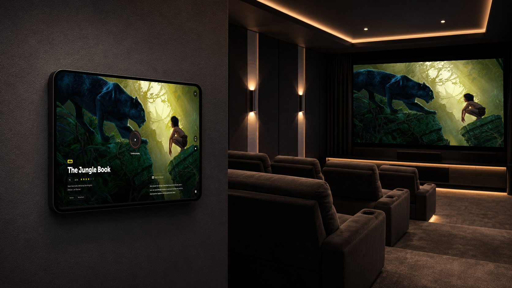 Custom Crestron cinema interface on a touch panel in the Miller Residence home theater