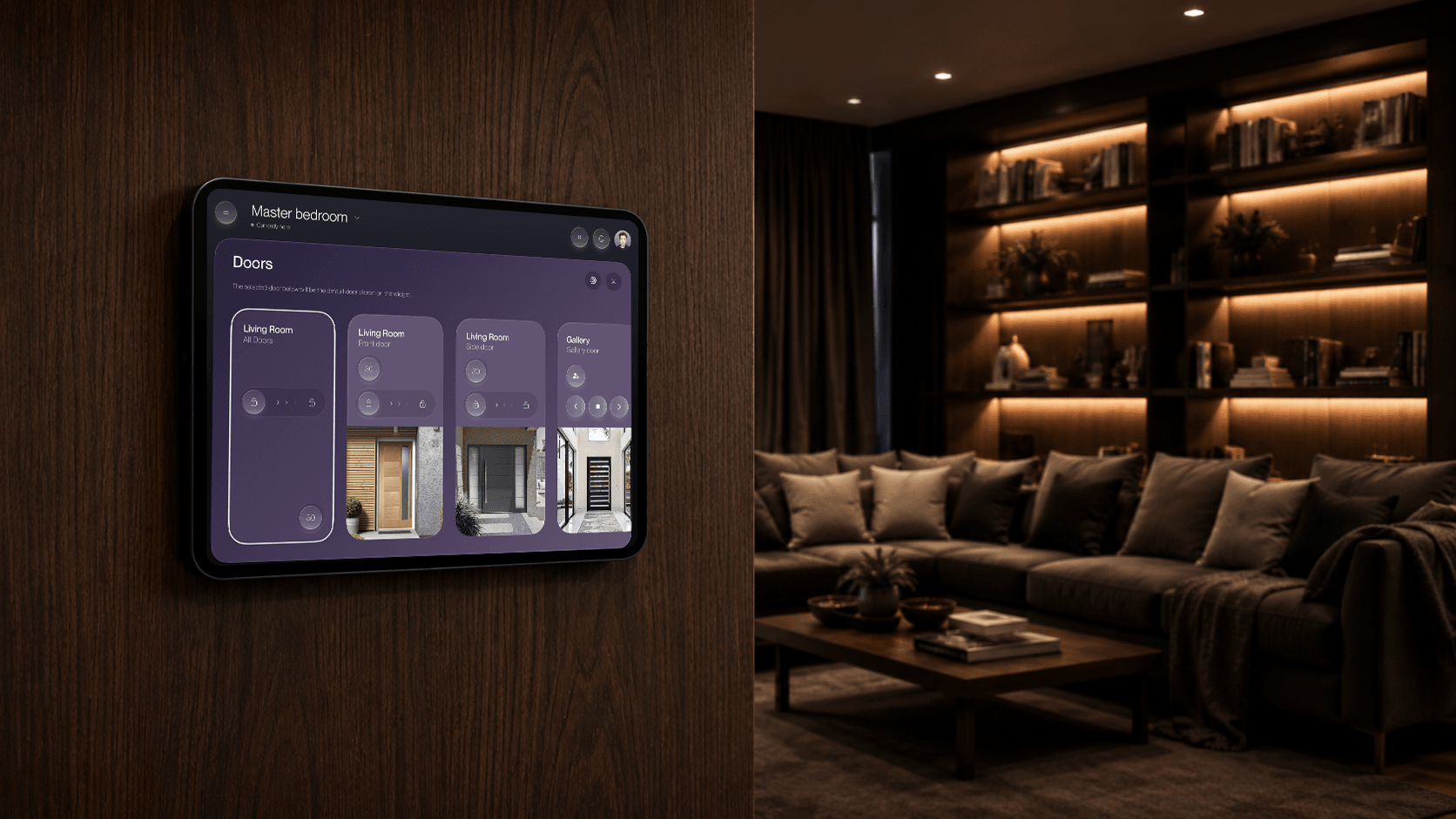 Custom Crestron door control screen on a wall-mounted touch panel in the Malibu Residence